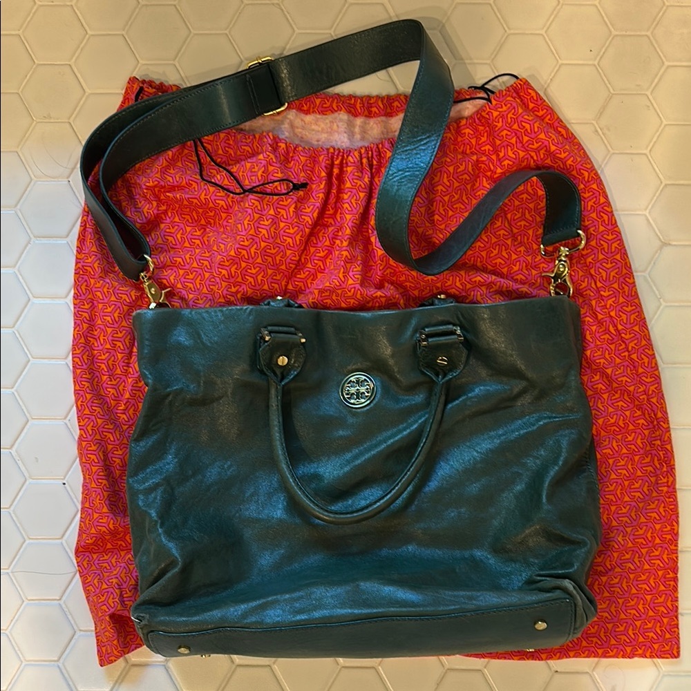 Tory Burch Dark Green Leather crossbody tote